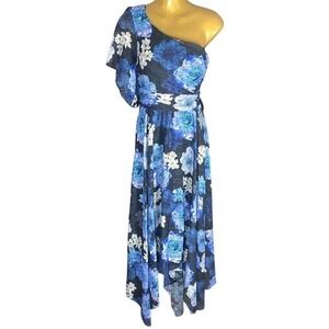 Nightway by R&M Richards Blue Floral One Shoulder Dress Wedding Guest NWT 6
